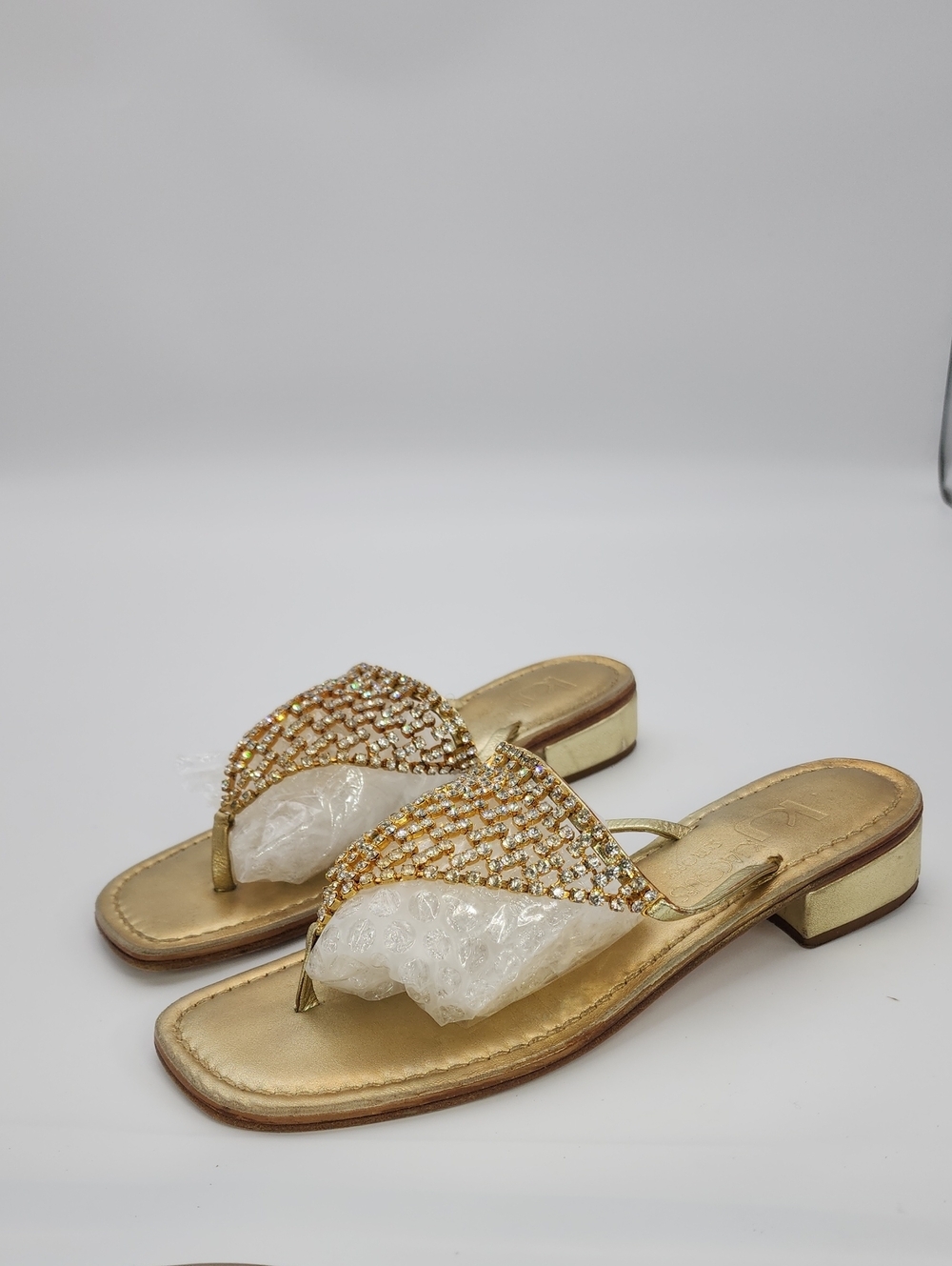 K.Jacques St. Tropez Gold Leather Crystal Embellished Sandals - Size 38 - Picture 2 of 13